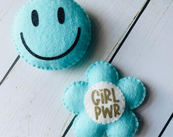 Felt Magnets Set, Girl Power and Smiley Face, Locker & Fridge Decor, Handmade Felt Magnet Gift | Cheerful Office Accessories | Felt Magnet