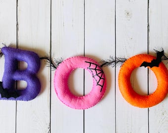 BOO Halloween Felt Garland with Ghosts, Handmade OOAK Banner, BOO Wall Decor, Kids Room or Party Decoration, Spooky Cute Halloween Gift