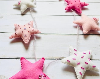 Star Felt Garland, Pink Star Nursery Garland, Baby Girl Room Decor, Nursery Wall Hanging, Baby Shower Gift, Daisy Flower, Pink Star Banner