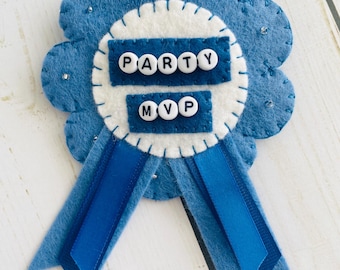 PARTY MVP Felt Award Ribbon, Handmade Celebration Rosette, Party Award Badge, Gift Decor, Photo Prop, Celebration Gift Decor