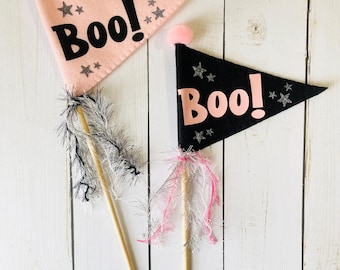 Halloween Pennant Bunting, Pinkoween Halloween Flag, Halloween Decor, Halloween Wand, Boo Flag Decor, Halloween Felt Flag, Basket Filler