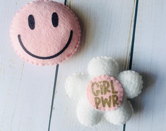 Felt Magnets Set, Girl Power and Smiley Face, Locker & Fridge Decor, Handmade Felt Magnet Gift | Cheerful Office Accessories