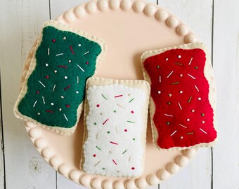 Felt Pop Tarts (Set of 3) Play Kitchen, Pretend Play Food, Felt Bakery, Tea Party Toys, Felt Desserts, Felt Pastries, Poptarts Christmas