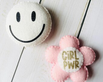 Felt Magnets Set, Girl Power and Smiley Face, Locker & Fridge Decor, Handmade Felt Magnet Gift | Cheerful Office Accessories