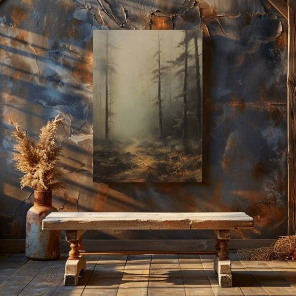 Printable Dark Misty Forest Wall Art | Sunless Fog Enfold Woodland Digital Download Art | Obscure Landscape Scenery Digital Art |