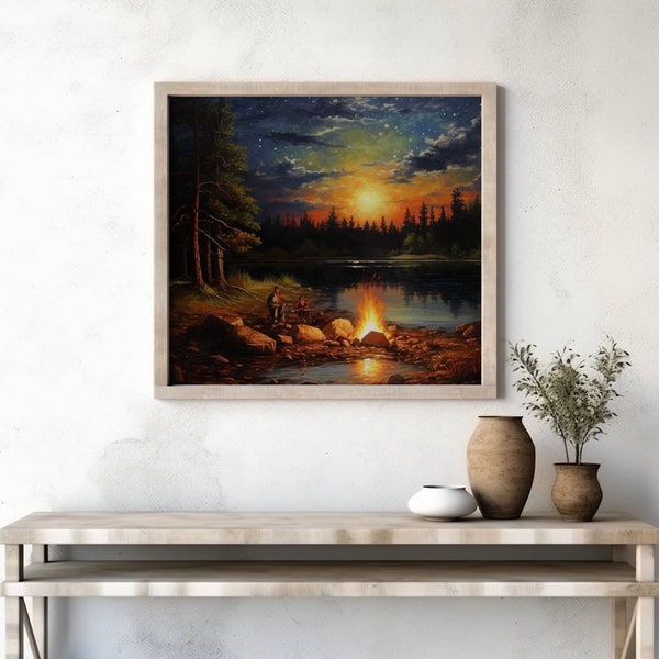 An Oil Painting Campfire Picture Digital Download Art | Connection Between People And Wilderness Home Decor