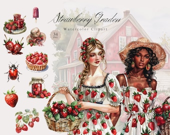 Strawberry Garden Clipart Bundle, Watercolor PNGs, Berries Clipart, Seasonal Images, Spring, Summer Clip Art, Pretty Girl, Digital Stickers