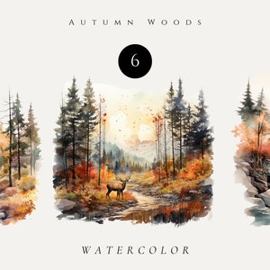 Autumn Woods Clipart Bundle, Watercolor Farm Scenery - Forest Deer - Bountiful Season - Fine Art Landscapes- Clipart for commercial use png