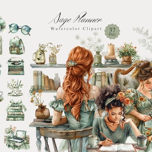 Pacote de Cliparts para Agenda Verde Sálvia, PNGs em Aquarela, Ilustrações de Mulheres Boho, Arte de Diário de Junk, Download Digital, Imagens de Moda, Álbum de Recortes