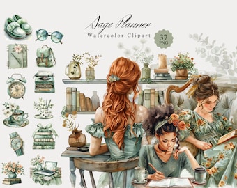 Sage Green Planner Clipart Bundle, Watercolor PNGs, Boho Lady Illustrations, Junk Journal Art, Digital Download, Fashion Images, Scrapbook