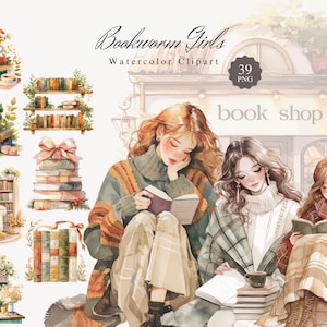 Bookworm Girls, pacote de clipart em aquarela, PNG transparente, clipart de menina estudando, amante de livros, artesanato em papel de estudante, álbum de recortes de diário de lixo
