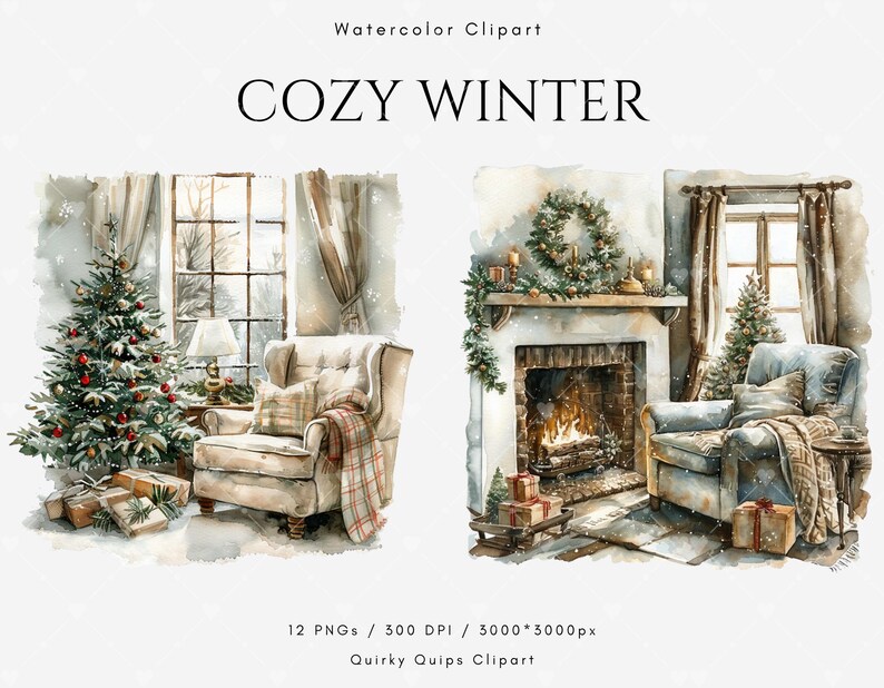 Cozy Winter Indoor Scene Clipart Bundle, Christmas PNG Graphics, Warm ...