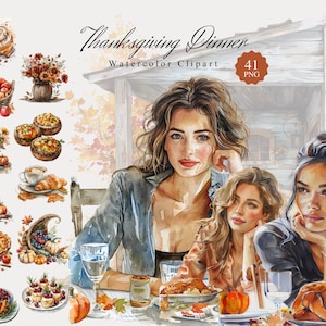 Pacote de clipart de jantar de ação de graças, aquarela aconchegante outono PNG clipart, gráficos de mulher bonita, peru assado, vibrações de outono, download digital