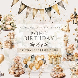 Może przedstawiać: Zestaw 32 akwarelowych ilustracji przedstawiających elementy boho urodzinowej imprezy. Ilustracje obejmują tort, babeczki, balony, prezenty, pluszowego misia, czapkę imprezową, butelkę szampana i kompozycje kwiatowe. Ilustracje są w odcieniach złota, kremowego i brązowego.