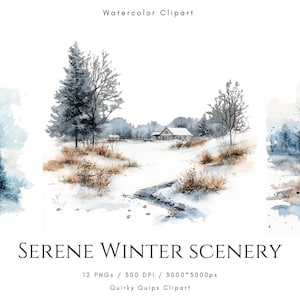 Serene Winter Scenery, Watercolor PNG Landscapes, Beautiful Forest Scenery, Snowy Wonderland Winter Solstice, Dreamy Graphics, Fine Art