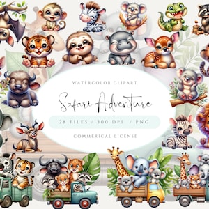 Safari Adventure Clipart Bundle, Watercolor Safari Animals Clipart Watercolor, jungle safari baby safari animals, baby shower, sublimation