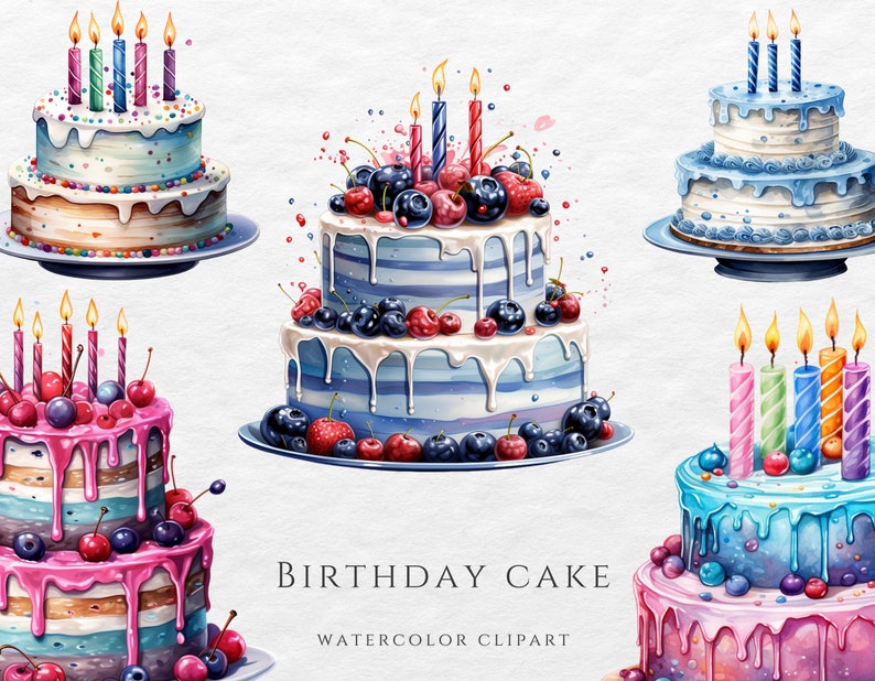 Happy Birthday Cakes Watercolor Clipart, Highquality Pngs, Dessert ...