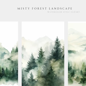 Misty forest landschap aquarel clipart, pijnbomen, digitale papers, mystieke jungle achtergrond, bergen en natuur, wallpaper achtergrond