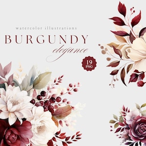 Bordeaux élégance aquarelle Clipart - PNG de haute qualité - cadres floraux - fleurs de mariage - éléments de carte de voeux - usage Commercial numérique
