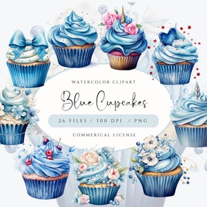 Blue Cupcake Watercolor Clipart, High Quality PNG Bundle, Commercial Use, Junk Journals, Scrapbooks, Digital Book, Sublimation, Baby Showers