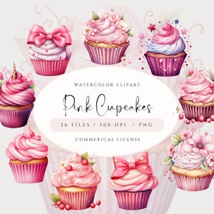 Pink Cupcakes Clipart Bundle, Watercolor High Quality PNG Bundle, Commercial Use, Junk Journals, Scrapbooks, Sublimation, Baby Showers