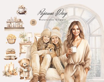 Pajama Day Clipart Bundle, Watercolor PNGS, Relaxation Cozy Time, Self Care, Commercial Use, Digital Download, Bachelorette Party Invitation