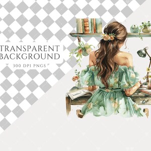 May include: Watercolor illustration of a woman sitting at a desk with a book, a lamp, and flowers. She is wearing a green dress with floral print and has long brown hair. The background is a checkered pattern.