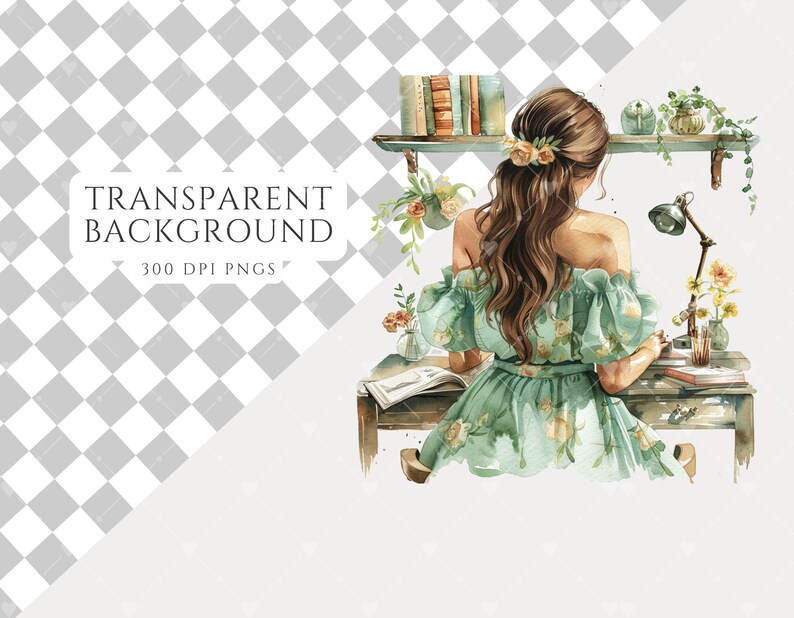 May include: Watercolor illustration of a woman sitting at a desk with a book, a lamp, and flowers. She is wearing a green dress with floral print and has long brown hair. The background is a checkered pattern.