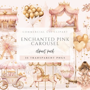 Clipart aquarelle carrousel enchanté, poney magique bohème rose et or, anniversaire PNG, Pégase, carrousel, décoration de chambre d'enfant, clipart babyshower
