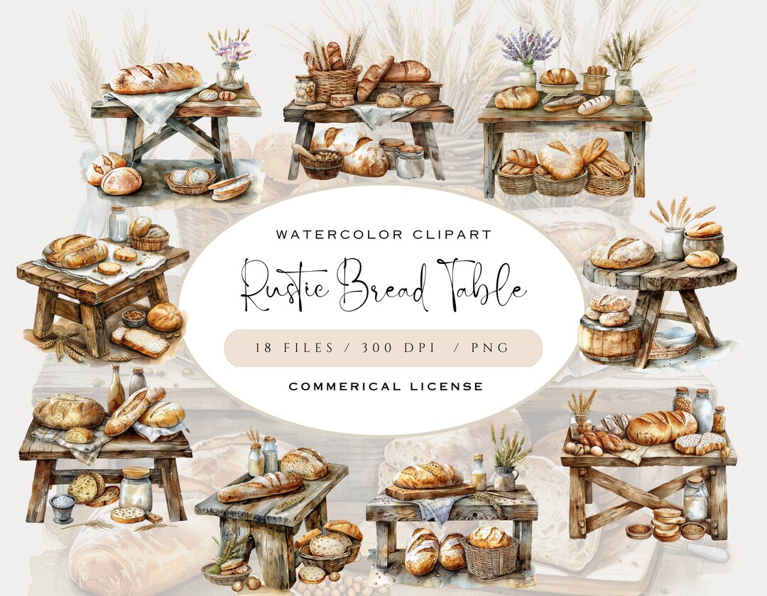 Rustic Bread Table Rustic Bread Table Watercolor Clipart, High Quality Pngs, Cozy Kitchen ...