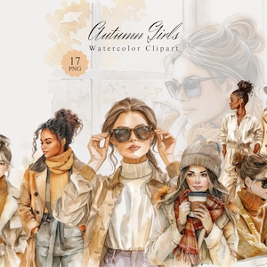 Paquete de imágenes prediseñadas de Autumn Girls, imágenes prediseñadas de otoño acogedoras de acuarela, gráficos png de otoño, libros, archivo png de café, imágenes prediseñadas de suéter, descarga digital