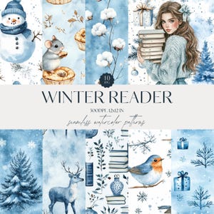 Winter Reader Seamless Pattern, Watercolor JPGs, Repeating Digital Paper Library, Cottagecore, Pines Christmas Tree, Scrapbooking Commercial