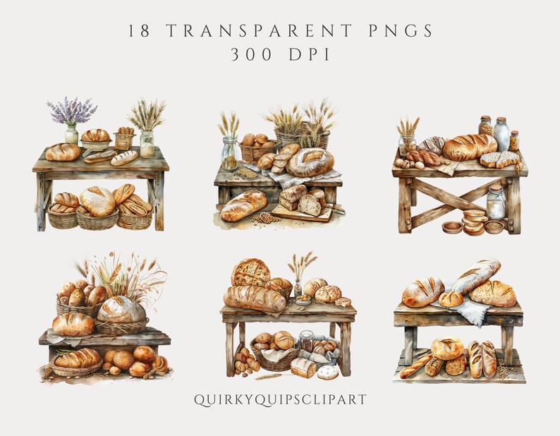 Rustic Bread Table Rustic Bread Table Watercolor Clipart, High Quality Pngs, Cozy Kitchen ...