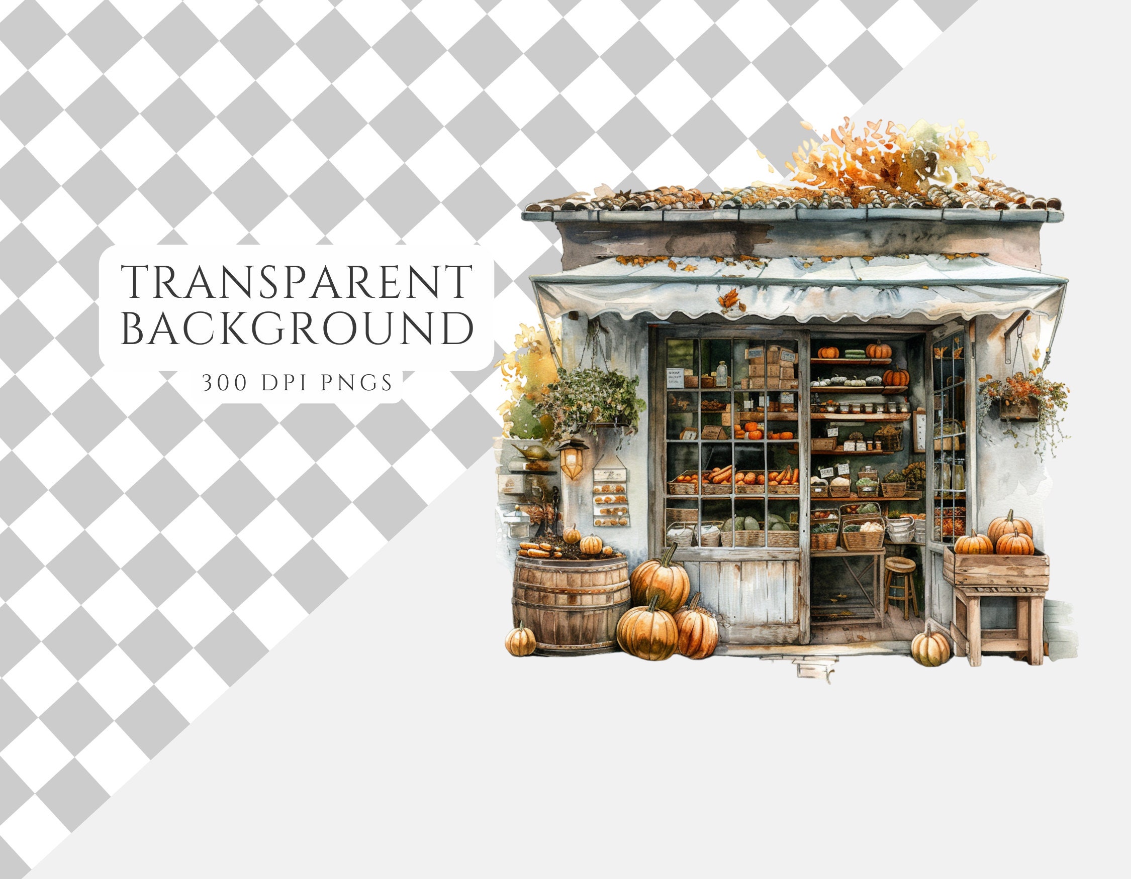 Fall Storefront Background Autumn Storefronts Clipart Bundle, Watercolor PNG Fall Shop Images ...