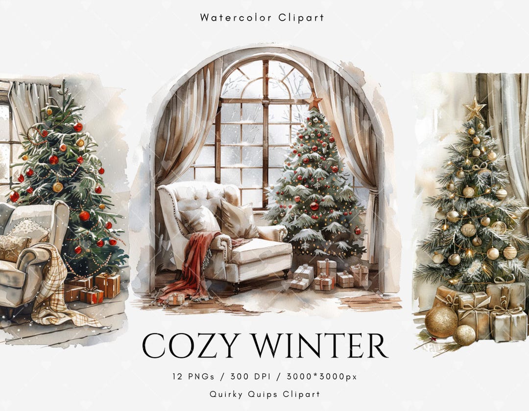 Cozy Winter Indoor Scene Clipart Bundle, Christmas PNG Graphics, Warm ...