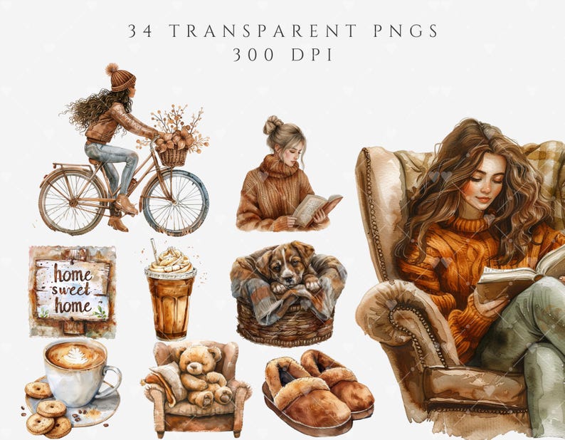 Cozy Fall Clipart Bundle, Watercolor Cozy Autumn Clipart, Fall Png ...