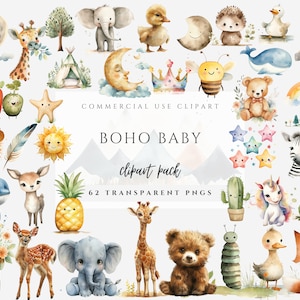 Boho Baby Clipart, Zestaw książek dla dzieci, Bajki o zwierzętach, Obrazy zwierząt w przedszkolu, Grafiki na baby shower, Tęcza PNG, Zwierzęta leśne PNG