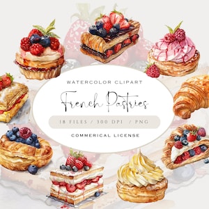 Pacchetto Clipart di pasticceria francese, PNG ad acquerello di alta qualità, Immagini di pasticceria gourmet, Grafica di dessert, Download istantaneo, Uso commerciale