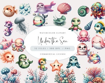 Unterwasser Aquarell Clipart Bundle, süße Meerestiere PNG, Babyparty, Kinderzimmer Dekor, Baby Wandkunst, Oktopus Qualle Wal Seepferdchen