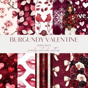 Modello senza cuciture di San Valentino bordeaux, JPG acquerellati, libreria di carta digitale ripetuta, Cottagecore, uso commerciale, diario spazzatura