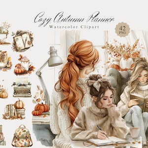Cozy Autumn Planner Clipart Bundle, watercolor cozy autumn clipart, fall png graphics, books, coffee png file, Cottagecore, Digital download