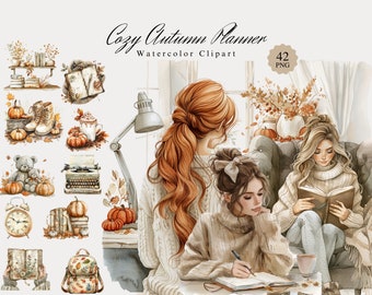 Cozy Autumn Planner Clipart Bundle, watercolor cozy autumn clipart, fall png graphics, books, coffee png file, Cottagecore, Digital download