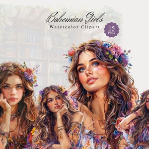 Bundle de clipart filles bohèmes, aquarelles PNG, illustrations de Boho Lady, art du journal indésirable, téléchargement numérique, scrapbooking, Images de mode