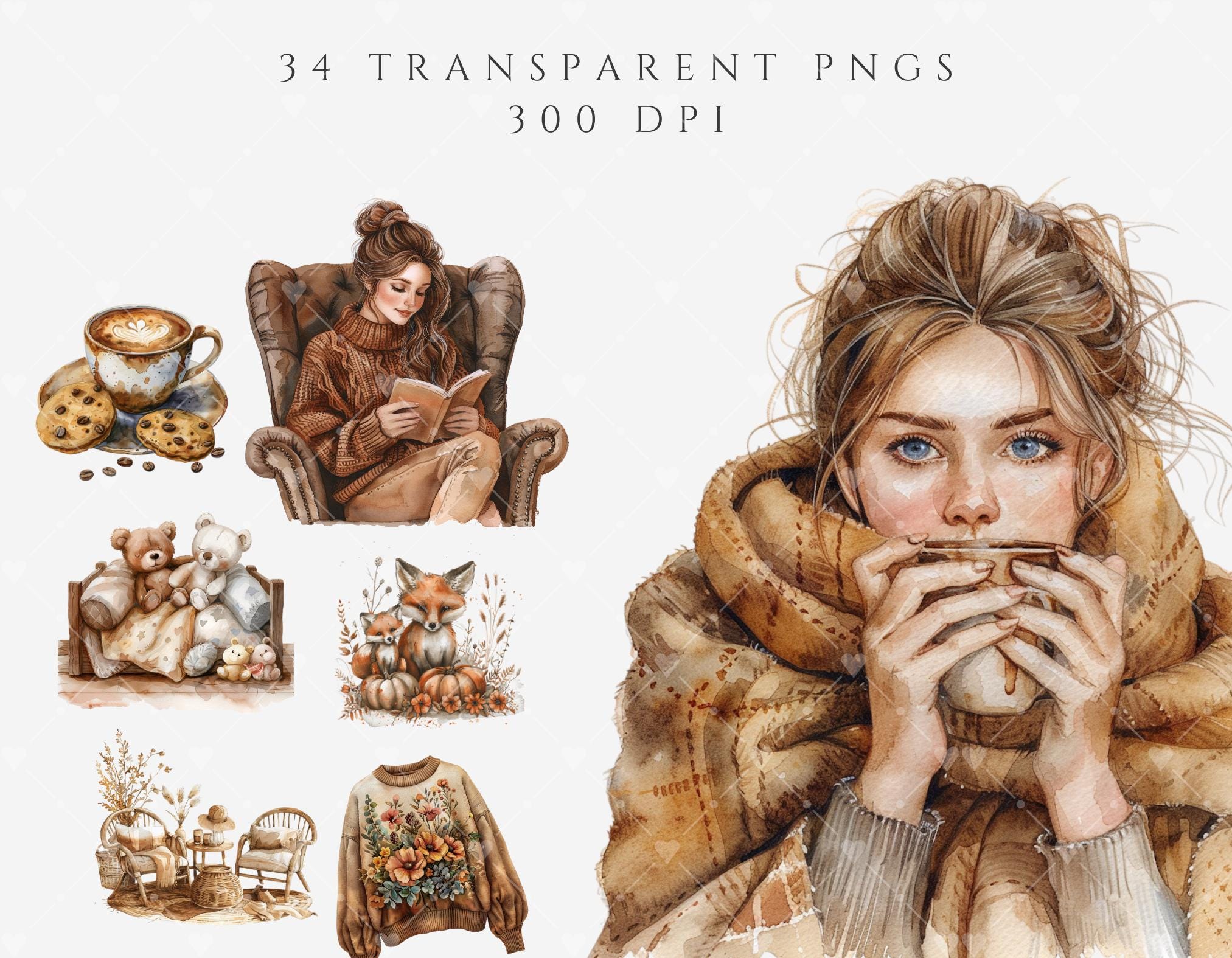 Cozy Fall Clipart Bundle, Watercolor Cozy Autumn Clipart, Fall Png ...