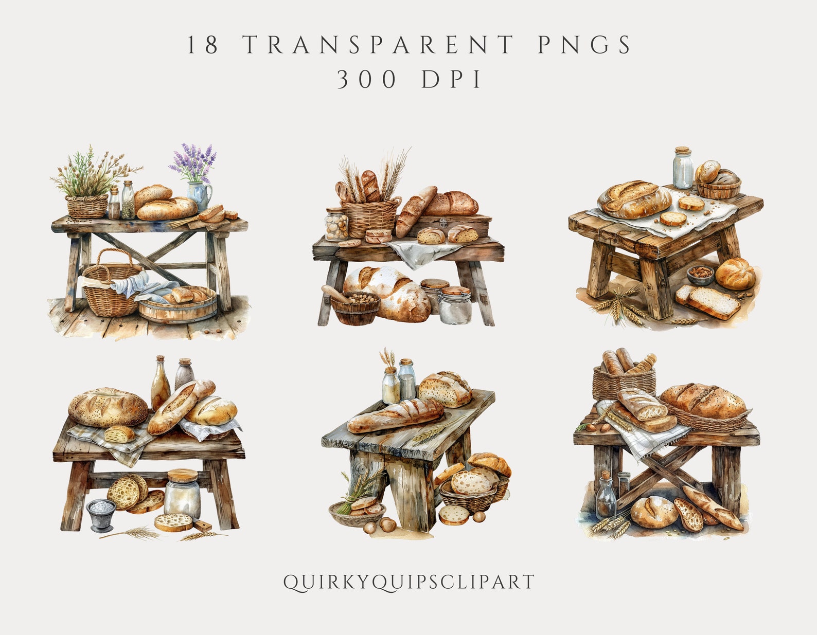 Rustic Bread Table Rustic Bread Table Watercolor Clipart, High Quality Pngs, Cozy Kitchen ...