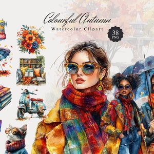 Colorful Autumn Clipart Bundle, watercolor cozy autumn clipart, fall png graphics, Books, Fashionable Girls, Digital download