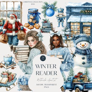 Winter Leser Aquarell Clipart, Hübsche Buchliebhaber, Winter Clip Art, Bücherwurm, Bibliothek, Bücher, Cottagecore, digitale Aufkleber, kommerziell