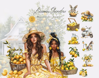 Lemon Garden Clipart Bundle, Watercolor PNGs, Berries Clipart, Seasonal Images, Spring, Summer Clip Art, Pretty Girl, Digital Stickers