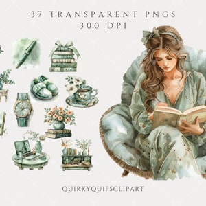 May include: A watercolor illustration of a woman sitting in a chair and reading a book. She is wearing a green dress with floral patterns and has long brown hair. The chair is a light blue color and has a wicker base. The background is a white background.