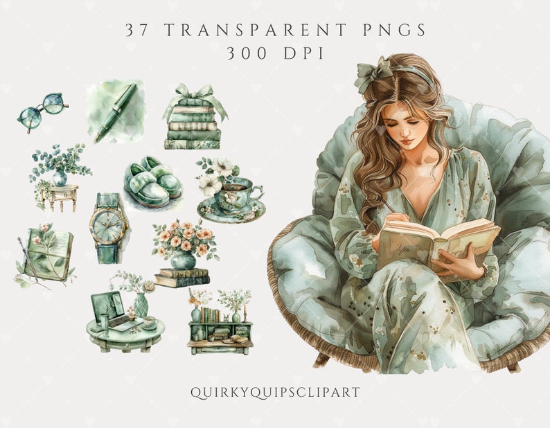 May include: A watercolor illustration of a woman sitting in a chair and reading a book. She is wearing a green dress with floral patterns and has long brown hair. The chair is a light blue color and has a wicker base. The background is a white background.